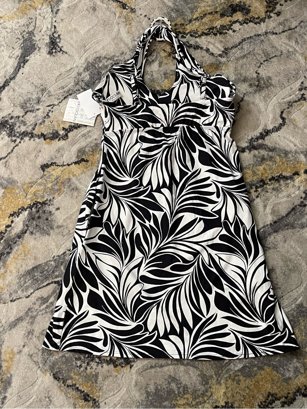24th & Ocean Black & White Twist Halter Swimdress with Leaf Print - Picture 6 of 16
